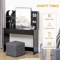 HOMCOM Vanity Desk with Mirror, Makeup Vanity with Open Shelves and Drawer, Dressing Table for Bedroom, Black(m-5)