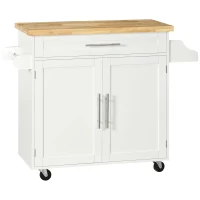 HOMCOM Kitchen Island with Storage, Rolling Cart Trolley with Rubberwood Top, Adjustable Shelf, Drawer, Spice Rack, White(m-2)