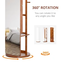 HOMCOM Full Length Mirror with Jewellery Cabinet, Hanging Cloth Bar, Coat Rack, 360° Rotate Floor Mirror for Bedroom, Living Room, Light Walnut(m-5)