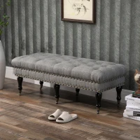 HOMCOM Mobile End of Bed Bench, Upholstered Bedroom Entryway Bench with Button-Tufted, Accent Ottoman with Nailhead Trim and Wheels, Gray(m-2)