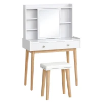 HOMCOM Dressing Table Set with Sliding Door, Mirror and Cushioned Stool, Makeup Vanity Dressing Table with 2 Drawers for Bedroom, White(m-2)