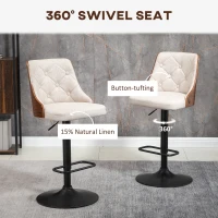 HOMCOM Counter Height Bar Stools Set of 2 with Solid Wood Back, Height Adjustable Swivel Barstools, Button Tufted Linen Fabric Bar Chairs with Footrest, Beige(m-4)