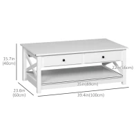HOMCOM Coffee Table with Storage, Farmhouse Living Room Table with Drawers and Open Shelf, Centre Table with X-frames, White(m-3)