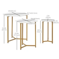 HOMCOM Nesting Tables Set of 3, Hexagon Side End Table with Marble Effect Top and Steel Legs for Living Room Bedroom, White and Gold(m-3)