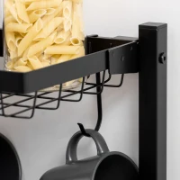 HOMCOM Industrial Kitchen Bakers Rack, Microwave Stand, Coffee Bar Station with Storage Shelves, Wire Basket, 5 Movable Hooks, Walnut(m-7)