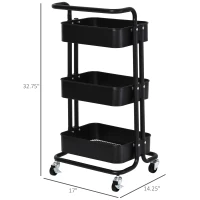 HOMCOM 3-Tier Rolling Serving Cart Utility Kitchen Trolley Storage Cart Multifunction Organizer Shelving Units with Wheels, Black(m-3)