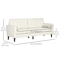 HOMCOM Mid-Century Sofa, Couch with Button-Tufted Back Cushion, Velvet Feel Fabric Upholstery, 2 Cylindrical Pillows and Rubber Wood Legs for Living Room, Cream White(m-3)