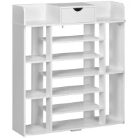 HOMCOM 7-Tier Shoe Rack, Shoe Storage Organizer with Drawer and 11 Open Shelves for 17 Pairs of Shoes, Space Saving Shoe Shelf for Hallway and Living Room, White(m-2)