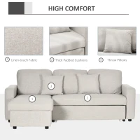HOMCOM Sectional Sofa Bed, L-Shaped Loveseat Reversible Sleeper Sofa with Pull Out Couch Bed, Storage Chaise, Cushions, Linen Feel Fabric Futon Sofa Bed for Living Room, Cream White 89.75"(m-5)