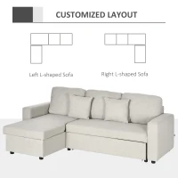 HOMCOM Sectional Sofa Bed, L-Shaped Loveseat Reversible Sleeper Sofa with Pull Out Couch Bed, Storage Chaise, Cushions, Linen Feel Fabric Futon Sofa Bed for Living Room, Cream White 89.75"(m-6)