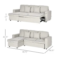 HOMCOM Sectional Sofa Bed, L-Shaped Loveseat Reversible Sleeper Sofa with Pull Out Couch Bed, Storage Chaise, Cushions, Linen Feel Fabric Futon Sofa Bed for Living Room, Cream White 89.75"(m-3)