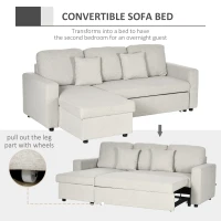 HOMCOM Sectional Sofa Bed, L-Shaped Loveseat Reversible Sleeper Sofa with Pull Out Couch Bed, Storage Chaise, Cushions, Linen Feel Fabric Futon Sofa Bed for Living Room, Cream White 89.75"(m-4)