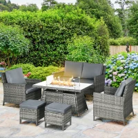 Outsunny 6 Piece Patio Furniture Set with 50,000 BTU Gas Fire Pit Table, Outdoor PE Rattan Dining Table and Chair Set, Sectional Conversation Sofa Set with Cushions, Grey(m-1)