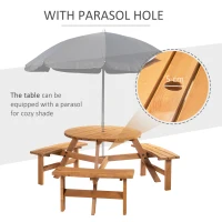 Outsunny 6 Person Round Picnic Table Bench Set with Umbrella Hole, Wood Patio Table with 3 Built-in Benches for Garden, Deck, Backyard, Brown(m-4)
