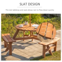 Outsunny 6 Person Round Picnic Table Bench Set with Umbrella Hole, Wood Patio Table with 3 Built-in Benches for Garden, Deck, Backyard, Brown(m-6)
