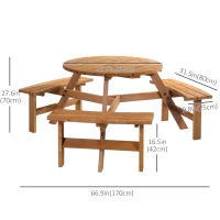 Outsunny 6 Person Round Picnic Table Bench Set with Umbrella Hole, Wood Patio Table with 3 Built-in Benches for Garden, Deck, Backyard, Brown(m-3)
