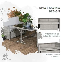 Outsunny 5 Pieces Wicker Patio Dining Set Outdoor Furniture Set with Removable Cushions, Glass Top Dining Table, Loveseats and Ottomans, Rattan Conversation Set for Garden, Grey(m-7)