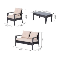 Outsunny 4pc Rattan Wicker Sofa Set Outdoor Coffee Table and Patio Seat Chair with Cushion, Brownish grey and Beige(m-3)