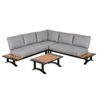 Outsunny 4 Piece Patio Conversation Set Include 2 Loveseat 1 Corner Sofa 1 Coffee Table Cushion Pillow Aluminum Framed Sectional Garden Furniture for Garden Backyard Poolside(m-2)