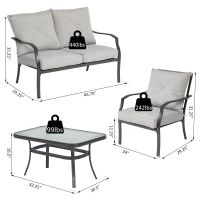 Outsunny 4pc Garden Conversation Set Outdoor Sofa Set Metal Frame w/ Foam Cushions Loveseat 2 Arm Chairs and Glass Top Tea Table Grey(m-3)