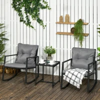 Outsunny 3 Pieces Rocking Bistro Set, Outdoor Wicker Patio Furniture with Glass Coffee Table and Outside Rocking Chairs for Porch, Lawn, Conversation Sets with Thick Cushions, Gray(m-1)
