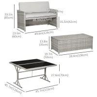 Outsunny 5 Pieces Wicker Patio Dining Set Outdoor Furniture Set with Removable Cushions, Glass Top Dining Table, Loveseats and Ottomans, Rattan Conversation Set for Garden, Grey(m-3)