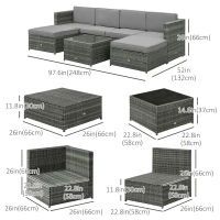Outsunny 7pcs Wicker Rattan Sectional Set Outdoor Patio Sofa Table Footstools Set Garden Furniture with Cushions, Grey(m-3)