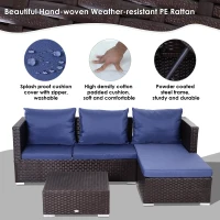 Outsunny 3 Pieces Adjustable Seat Rattan Wicker Sofa Steel Frame Furniture Set Sleeping Couch Bed Lounge w/ Storage Function Coffee Table, Navy Blue(m-6)