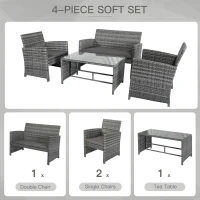 Outsunny 4 Piece Patio Furniture Set with Cushions, Outdoor PE Rattan Wicker Conversation Sofa Set with Glass Top Coffee Table and Loveseat, for Garden, Balcony, Dark Grey(m-7)