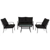Outsunny 4pc Garden Conversation Set Outdoor Sofa Set Metal Frame w/ Foam Cushions Loveseat 2 Arm Chairs and Glass Top Tea Table Black(m-4)