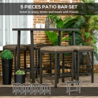 Outsunny 5 Pieces Patio Bar Set with 4 Stools, Outdoor Furniture Set for with Rattan Seat, Slatted Steel Table Top for Garden, Balcony, Backyard, Brown(m-4)