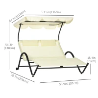 Outsunny Outdoor Patio Chaise Lounge Chair, Patio Sun Lounger w/ Sunshade Roof, for Two People with Wheels and Breathable Sling Mesh Bed, Pillows, Beige(m-3)