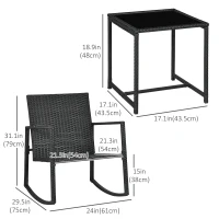 Outsunny 3 Pieces Rocking Bistro Set, Outdoor Wicker Patio Furniture with Glass Coffee Table and Outside Rocking Chairs for Porch, Conversation Sets with Thick Cushions, Red(m-3)