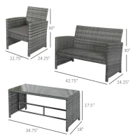Outsunny 4 Piece Patio Furniture Set with Cushions, Outdoor PE Rattan Wicker Conversation Sofa Set with Glass Top Coffee Table and Loveseat, for Garden, Balcony, Dark Grey(m-3)
