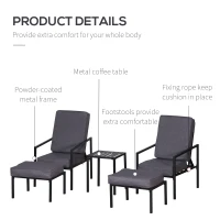 Outsunny 5pcs Garden Sectional Loveseat Single Recliner Sofa w/ Footstool Coffee Table Set Metal Frame Patio Lounger w/ Cushions(m-3)