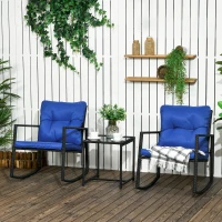 Outsunny 3 Pieces Rocking Bistro Set, Outdoor Wicker Patio Furniture with Glass Coffee Table and Outside Rocking Chairs for Porch, Conversation Sets with Thick Cushions, Blue(m-10)