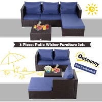 Outsunny 3 Pieces Adjustable Seat Rattan Wicker Sofa Steel Frame Furniture Set Sleeping Couch Bed Lounge w/ Storage Function Coffee Table, Navy Blue(m-7)