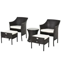 Outsunny Outdoor Indoor 5pcs Wicker Rattan Coffee Set Garden Patio Furniture Club Chair Table and Ottoman with Cushion, Dark Brown(m-2)
