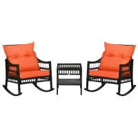 Outsunny 3 Pieces Outdoor PE Rattan Rocker Chair Set, Rocking Chair with Tempered Glass Table Top,25"x26"x28", Orange(m-2)