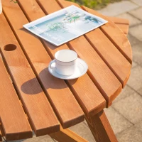 Outsunny 6 Person Round Picnic Table Bench Set with Umbrella Hole, Wood Patio Table with 3 Built-in Benches for Garden, Deck, Backyard, Brown(m-9)