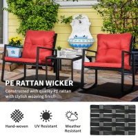 Outsunny 3 Pieces Rocking Bistro Set, Outdoor Wicker Patio Furniture with Glass Coffee Table and Outside Rocking Chairs for Porch, Conversation Sets with Thick Cushions, Red(m-5)