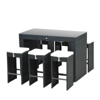 Outsunny 7pcs Rattan Bar Set Garden Wicker Dining Set 1 Table w/ 6 Stools and Cushion Outdoor Yard Patio Furniture Aluminum Frame All Weather(m-2)