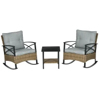 Outsunny 3 Pcs Outdoor PE Rattan Rocking Chair Set, Bistro Set with Two-tier Table, Padded Cushions for Garden, Grey(m-2)