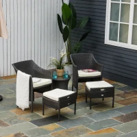 Outsunny Outdoor Indoor 5pcs Wicker Rattan Coffee Set Garden Patio Furniture Club Chair Table and Ottoman with Cushion, Dark Brown(m-1)