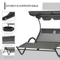 Outsunny Outdoor Patio Chaise Lounge Chair, Patio Sun Lounger w/ Sunshade Roof, for Two People with Wheels and Breathable Sling Mesh Bed, Pillows, Dark Gray(m-6)