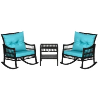 Outsunny 3 Pieces Outdoor PE Rattan Rocker Chair Set, Rocking Chair with Tempered Glass Table Top,25"x26"x28", Turquoise Green(m-2)