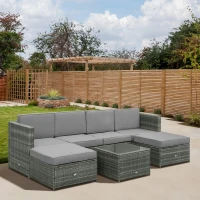Outsunny 7pcs Wicker Rattan Sectional Set Outdoor Patio Sofa Table Footstools Set Garden Furniture with Cushions, Grey(m-1)