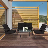 Outsunny 4pc Garden Conversation Set Outdoor Sofa Set Metal Frame w/ Foam Cushions Loveseat 2 Arm Chairs and Glass Top Tea Table Black(m-1)