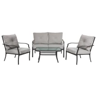 Outsunny 4pc Garden Conversation Set Outdoor Sofa Set Metal Frame w/ Foam Cushions Loveseat 2 Arm Chairs and Glass Top Tea Table Grey(m-5)