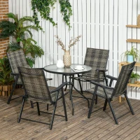 Outsunny 5 Pieces Wicker Patio Dining Set Outdoor Furniture Set, Glass Top Dining Table with Umbrella Hole, 4 Folding Armchairs, PE Rattan Conversation Set for Garden, Mixed Grey(m-1)